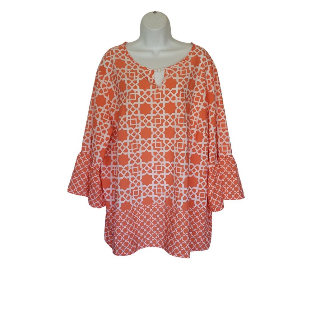 Ruby Rd Blouse Top Womens Size 22W Coral White Flowing Beaded Keyhole 3/4 Bell S